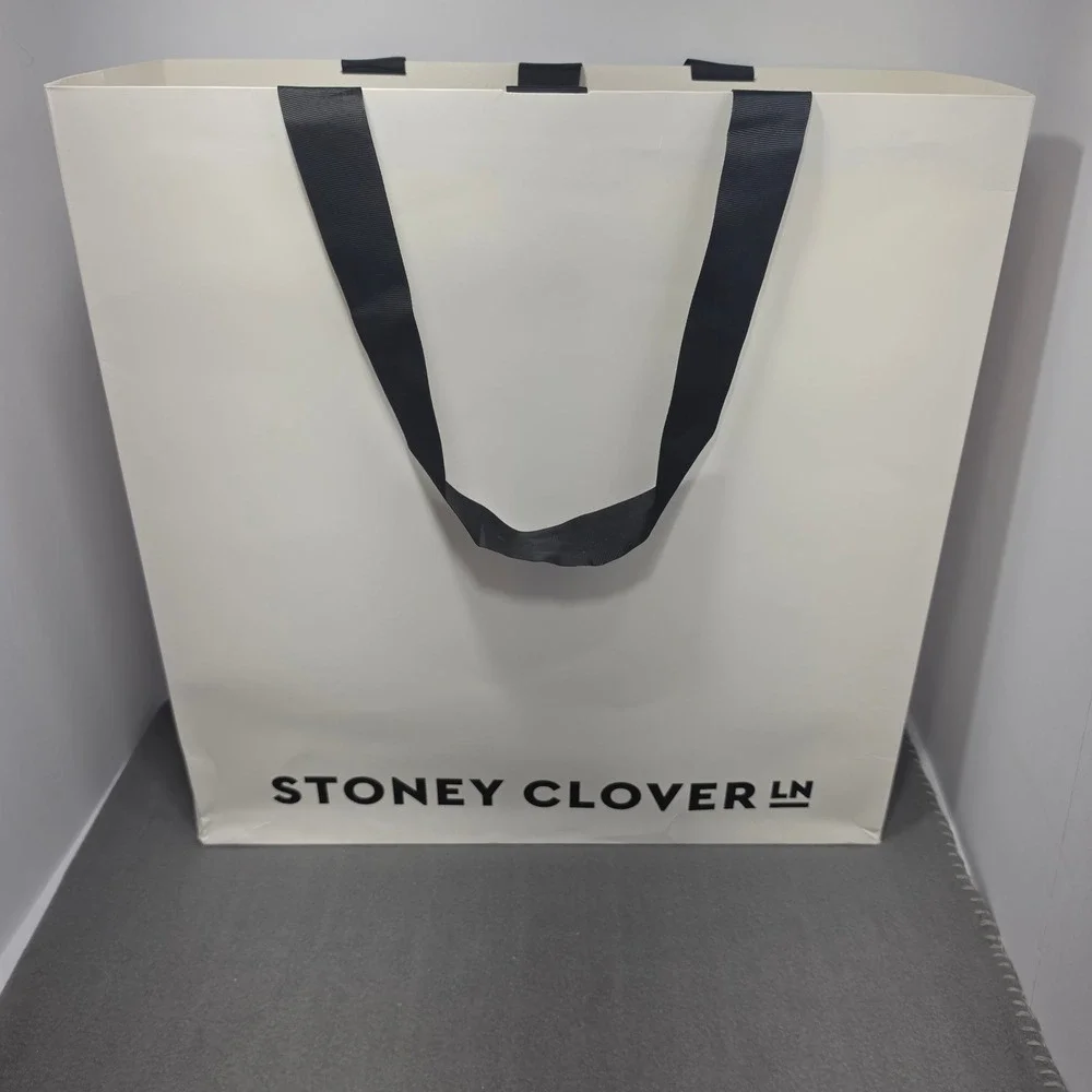 Stoney Clover Lane Large White Paper Shopping Bag Black Ribbon Handles Logo